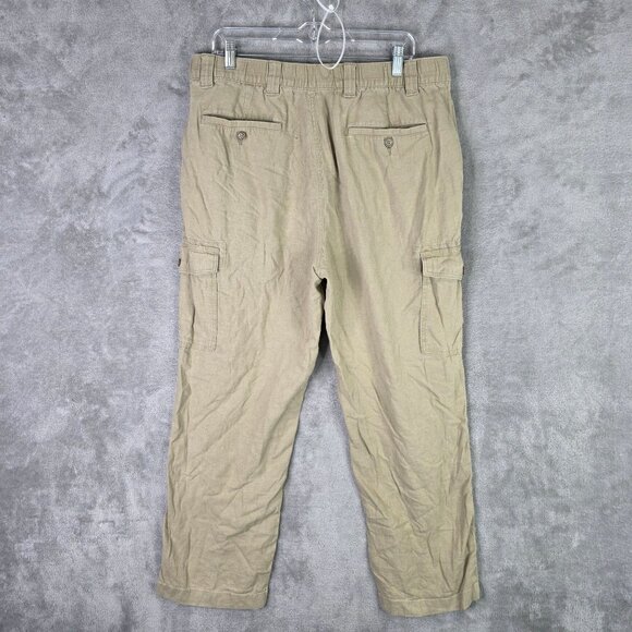 Mens Roundtree & Yorke Beige Cargo Pants Linen Blend Drawstring Size 40X32 - Picture 3 of 7